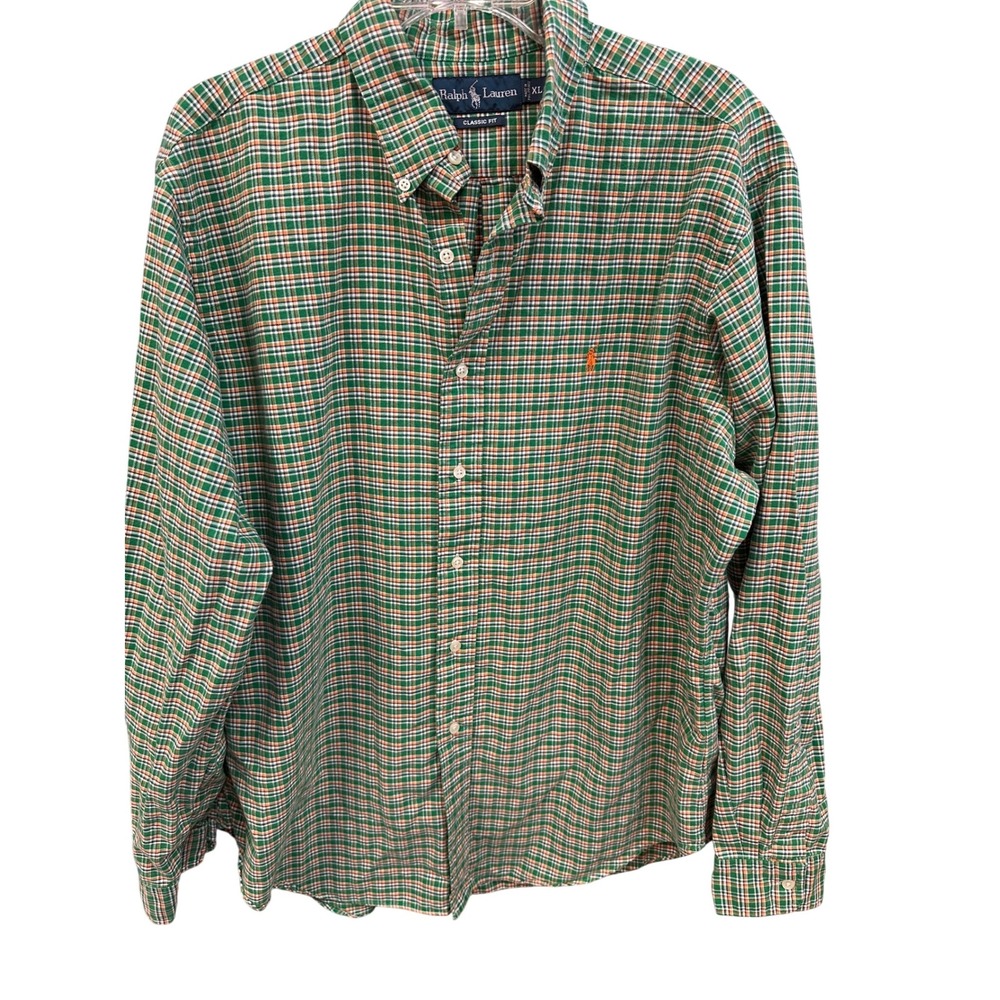 Ralph Lauren Plaid Shirt‎ Mens XL Classic Fit Green Orange Button Down